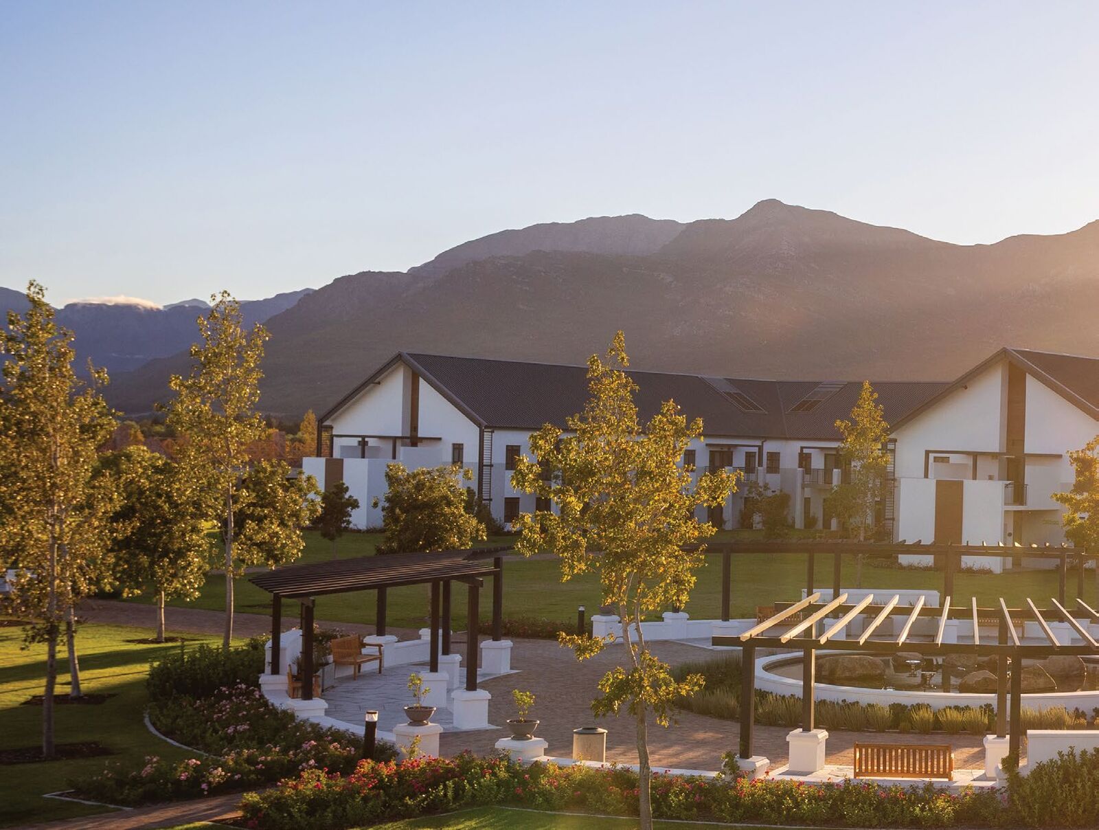 The Luxury Suites at Val de Vie Evergreen with the mountains behind