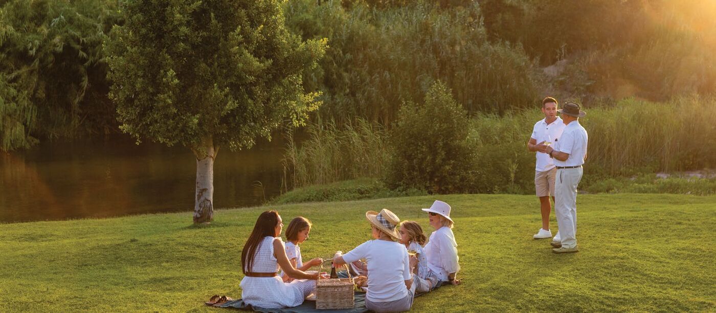 Friends having a picnic on the lawn at sunset